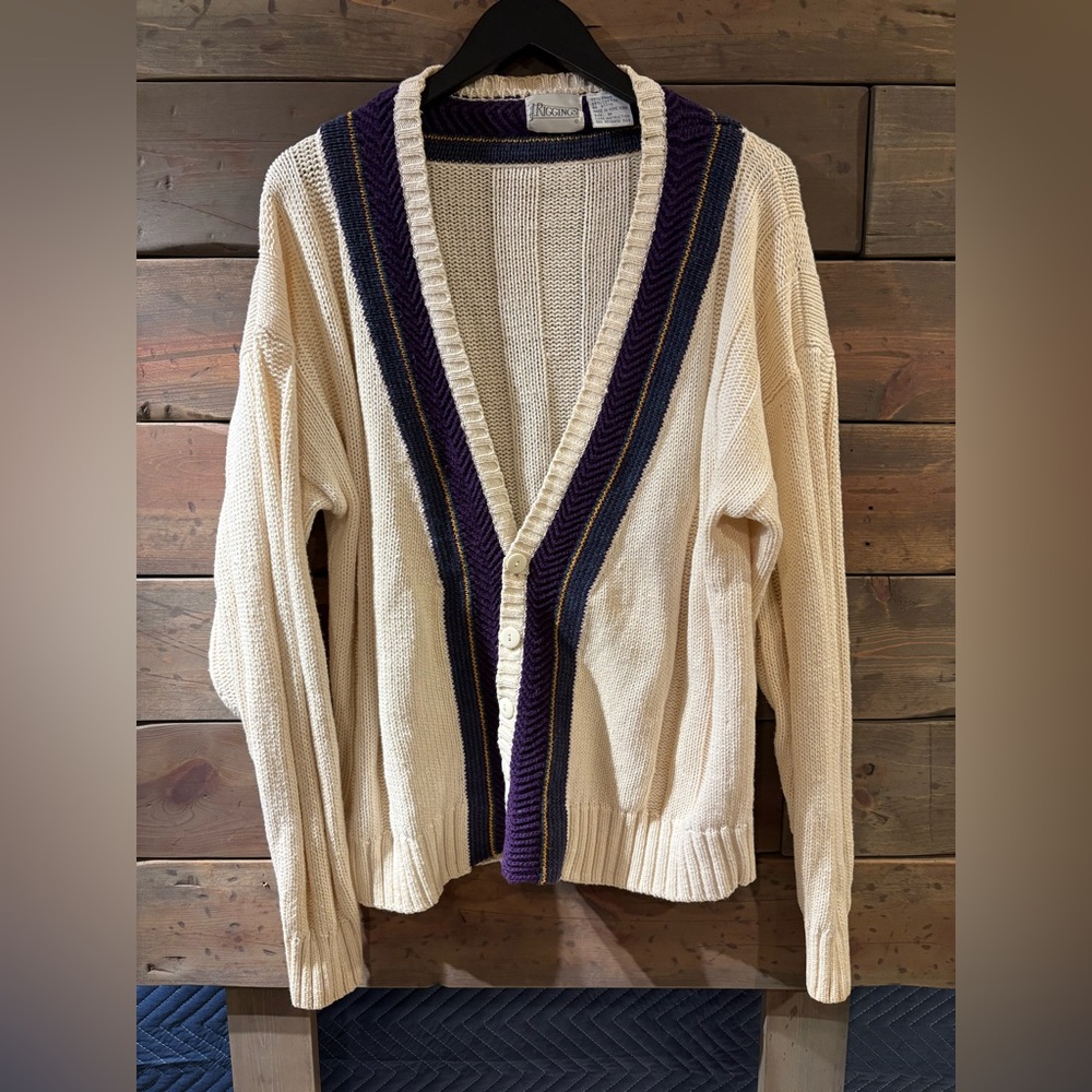 Cream Cardigan with Purple and Black Stripes